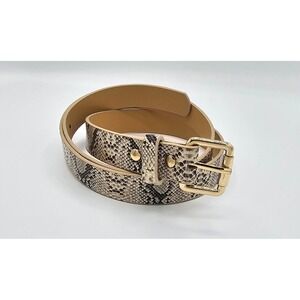 Snakeskin Embossed PU Leather Belt Women's 34" Beige Gold Buckle Glossy Chic